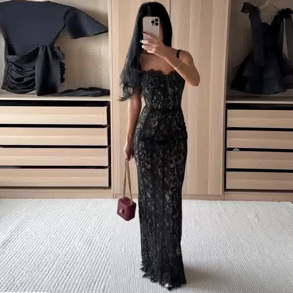 Forever 21 Summer Black Lace Bodycon Long Dress Spaghetti Straps Waist Cinching